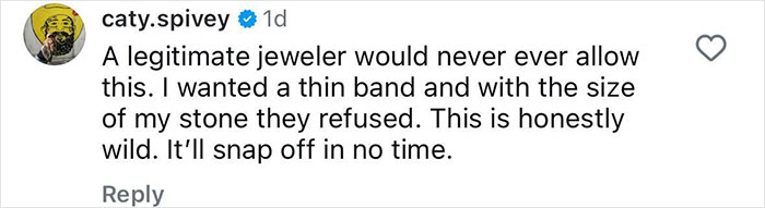 Comment by user caty.spivey criticizing Lauren Sanchez&rsquo;s $5 million diamond ring design as unsafe and likely to snap off soon.