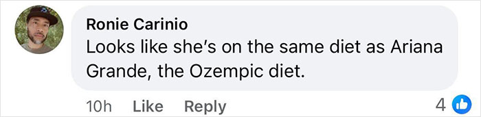 Comment by Ronie Carinio discussing Christina Aguilera's possible diet during recent public appearance raising health concerns. Comment by Ronie Carinio discussing Christina Aguilera's possible diet during recent public appearance raising health concerns.
