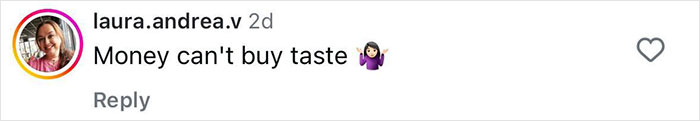 Comment on social media screen saying Money can't buy taste with a woman shrugging emoji, related to Lauren Sanchez's $5 million diamond ring criticism.