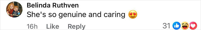 Comment by Belinda Ruthven expressing admiration and calling Kate Middleton genuine and caring with emojis included.