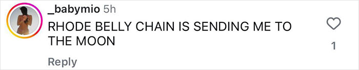 Instagram comment screenshot showing user babymio saying Rhode belly chain is sending me to the moon, referencing bedazzled tampon accessory.