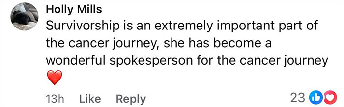 Comment by Holly Mills about survivorship's importance in the cancer journey, highlighting her role as a cancer spokesperson.
