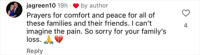 Comment expressing prayers and condolences for family of Travis Kelce's boss after losing girl in Texas floods.