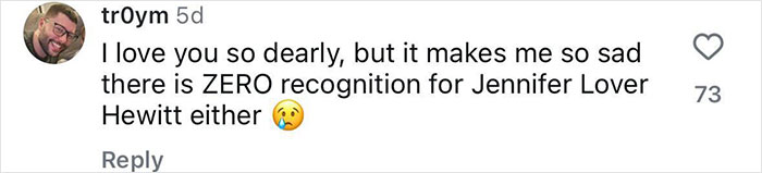 User comment on social media expressing sadness over lack of recognition for Jennifer Love Hewitt related to Sarah Michelle Gellar.