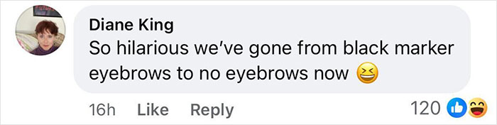 Comment by Diane King humorously noting the change from black marker eyebrows to no eyebrows. Comment by Diane King humorously noting the change from black marker eyebrows to no eyebrows.