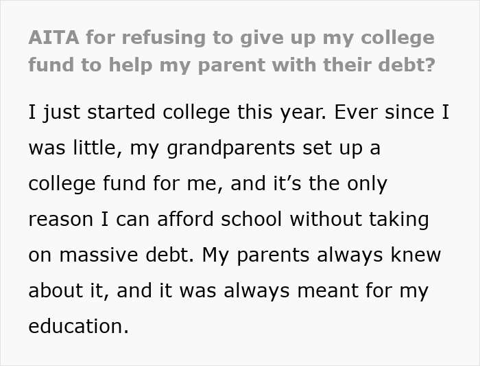 Text post about a teen refusing to sacrifice her future by using her college fund to fix parents’ financial mistakes. - 2