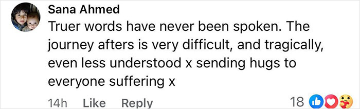 Comment by Sana Ahmed expressing sympathy and support for those affected, mentioning difficulty and cancer struggles.
