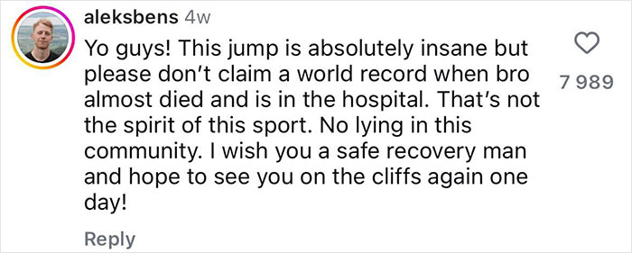 Comment on social media from user warning about a 21-year-old daredevil seriously injuring himself attempting a record-breaking dive.