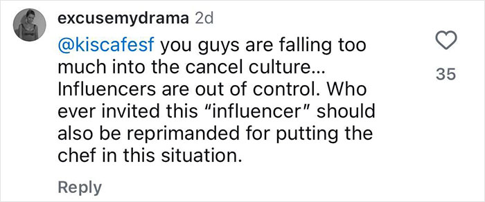 Comment from user excusemydrama criticizing influencer behavior and mentioning chef involved in a cancel culture controversy.