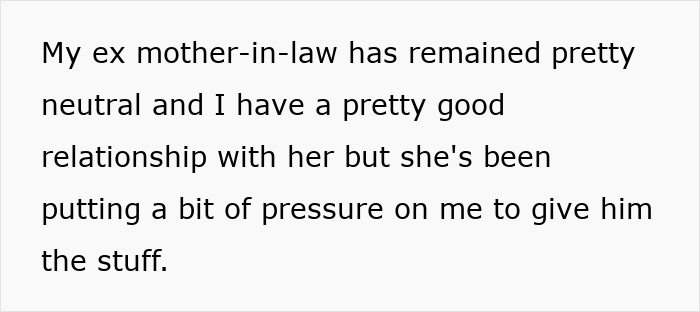 Text excerpt about ex mother-in-law remaining neutral and relationship, showing tension over giving him the stuff related to family issues. Text excerpt about ex mother-in-law remaining neutral and relationship, showing tension over giving him the stuff related to family issues.