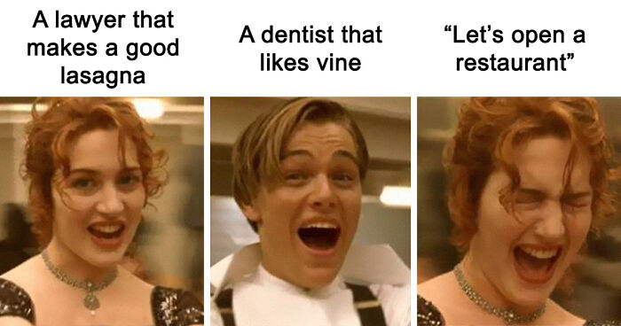 Three-panel meme showing a woman and a man making funny faces labeled with chef humor and relatable chef memes.