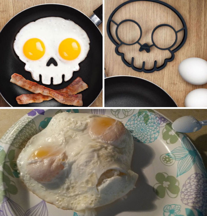 Comparison of a skull-shaped egg mold and bacon versus a failed awkward photo of fried eggs that miss the intended shape.