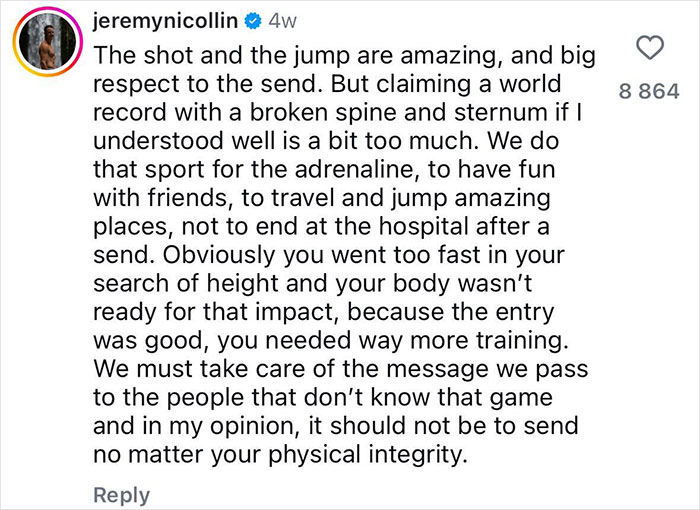 Comment from jeremynicolllin discussing dangers of record-breaking dive attempts and injuries to daredevils seeking adrenaline.