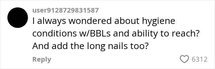 Social media comment questioning hygiene and wiping difficulties related to BBL smell and long nails after surgery.