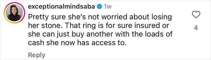 Instagram comment by user exceptionalmindsaba discussing insurance and value of Lauren Sanchez's $5 million diamond ring.