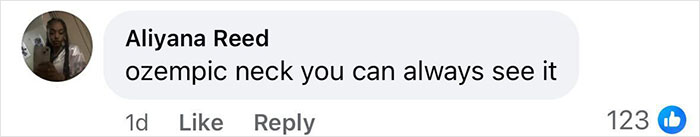 Screenshot of a social media comment by Aliyana Reed mentioning Ozempic neck in a discussion about Christina Aguilera’s health concerns. Screenshot of a social media comment by Aliyana Reed mentioning Ozempic neck in a discussion about Christina Aguilera’s health concerns.