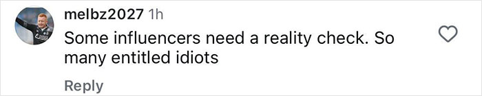 Comment from melbz2027 stating some influencers need a reality check, calling them entitled idiots in an online discussion.
