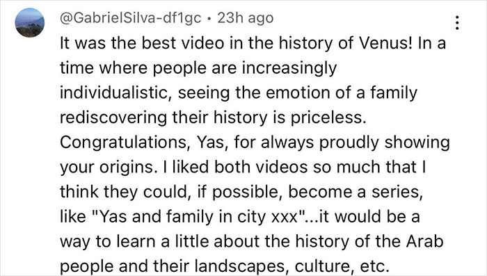 Tweet praising a video about a woman’s emotional visit to her family home after 46 years and rediscovering her family history. - 19