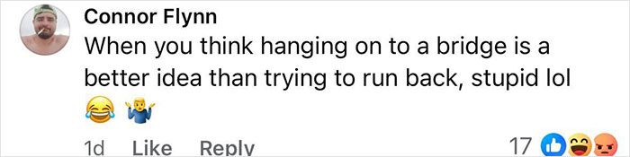 Screenshot of a social media comment about a woman surviving after holding on to a rising drawbridge she was told not to cross. Screenshot of a social media comment about a woman surviving after holding on to a rising drawbridge she was told not to cross.