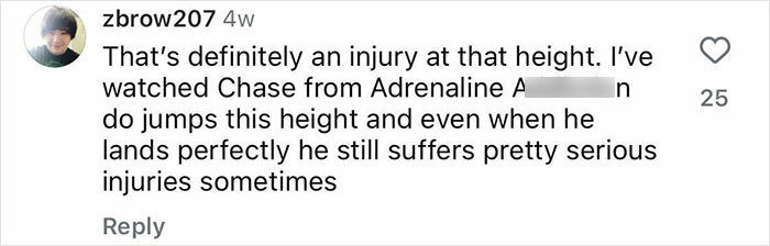 Comment discussing serious injury risk during a record-breaking dive attempt by a 21-year-old daredevil.
