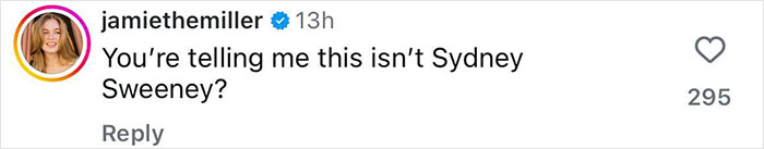 Screenshot of an Instagram comment jokingly questioning if the person shown is Sydney Sweeney in American Eagle jeans ad parody. - 20