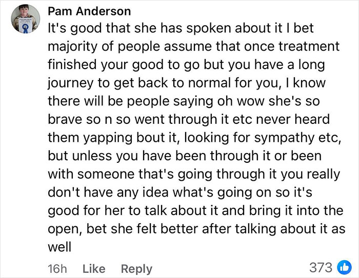 Comment discussing Kate Middleton's candid cancer confession, highlighting challenges in functioning normally after treatment.