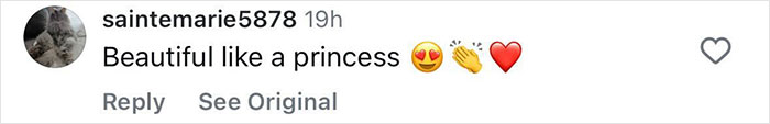 Comment on social media praising appearance, saying beautiful like a princess with heart and clapping emojis.
