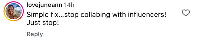 Screenshot of Instagram comment from lovejuneann saying stop collaborating with influencers after chef forced to quit own restaurant over micro influencer.