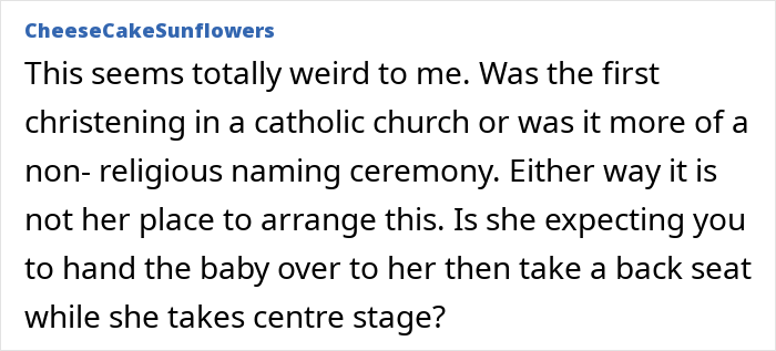 Comment about MIL demanding baby get a more Christian name, with mom feeling uncomfortable about the naming issue.