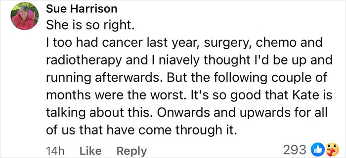 Comment from Sue Harrison sharing her cancer experience and supporting Kate Middleton's candid cancer confession about functioning normally.