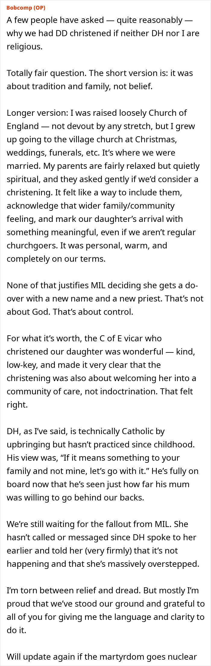 Text post describing a mom feeling uncomfortable after her MIL demands the baby get a more Christian name.