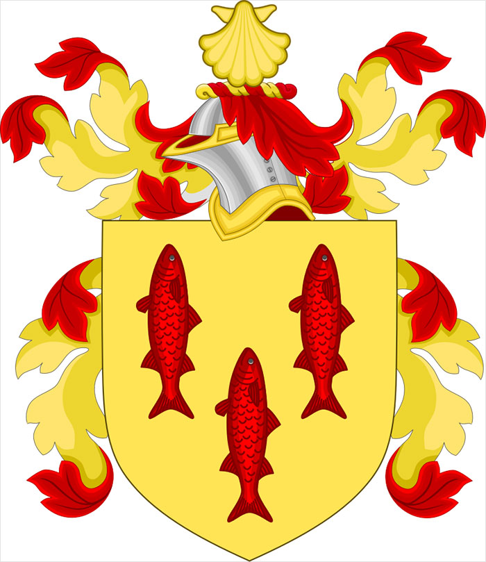 Heraldic shield with three red fish and decorative red and gold flourishes, symbolizing Boston’s oldest and richest families. - 12