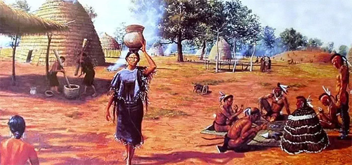 Ancient Native American village scene with people in traditional clothing, highlighting language risks and cultural preservation. - 1