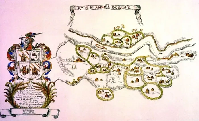Hand-drawn historic map depicting an ancient Native American territory with tribal village illustrations and decorations. - 8