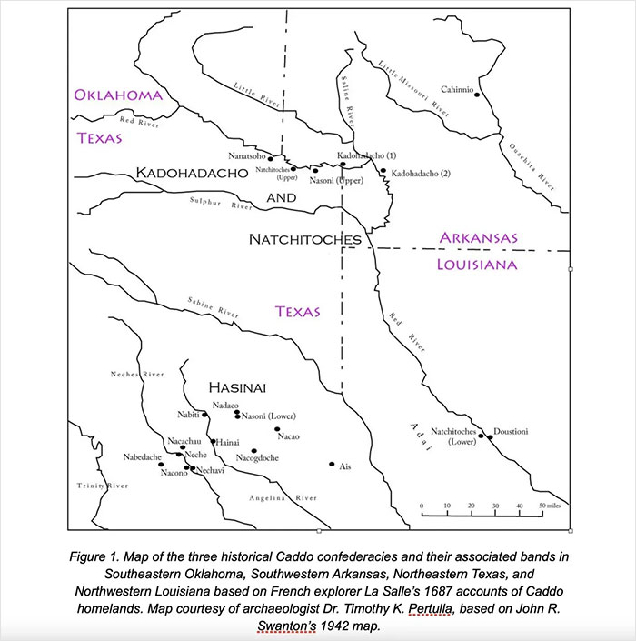 Map showing historical Caddo language confederacies and bands spanning Oklahoma, Texas, Arkansas, and Louisiana regions. - 9