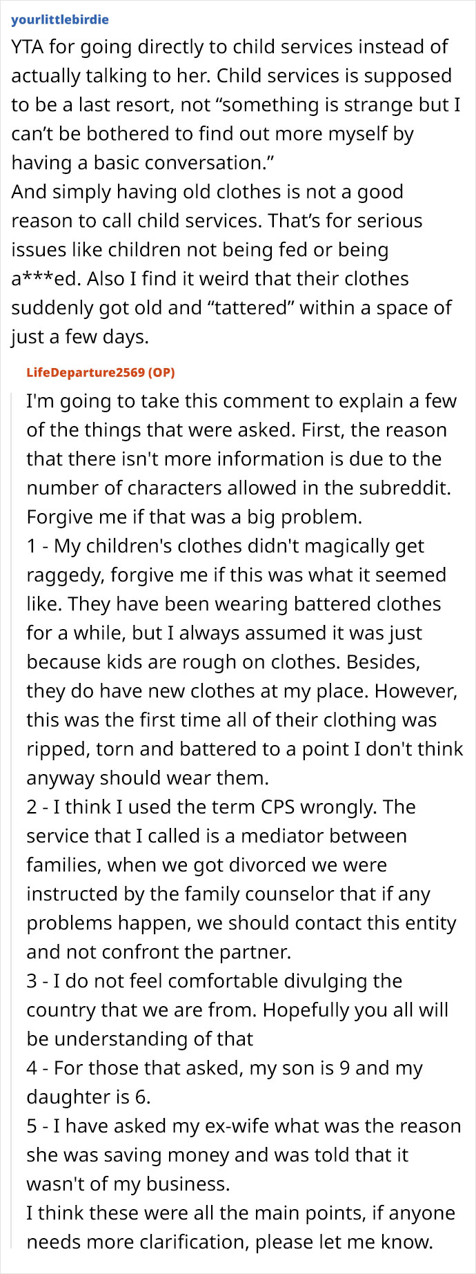 Reddit conversation discussing man paying child support and calling CPS after seeing kids in tattered clothes. - 44