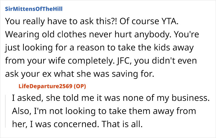 Screenshot of an online discussion about a man paying child support and noticing his kids in tattered clothes, leading to concern. - 45