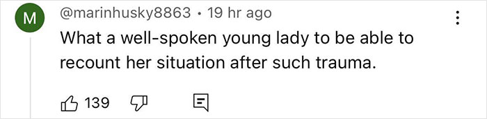 Screenshot of a social media comment praising a young lady for recounting her trauma as a Camp Mystic counselor.