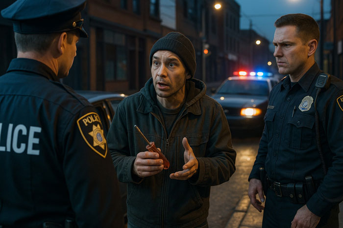 Man in beanie talking to police officers at night after car thieves stopped by captain underwear tricks. - 10