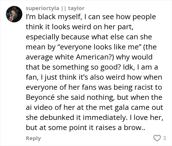 Alt text: Social media comment discussing Billie Eilish controversy and allegations of a racist comment during Ireland show.