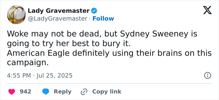 Tweet criticizing Sydney Sweeney's American Eagle jeans ad and its controversial marketing campaign. - 14