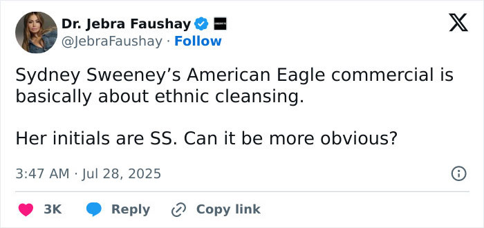 Tweet criticizing Sydney Sweeney’s American Eagle jeans ad, mentioning ethnic cleansing controversy and parody by comedian. - 13
