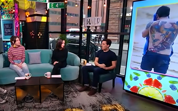 Three hosts sitting in a modern studio discussing wild things celebrities have done after a breakup on a daytime talk show. - 7