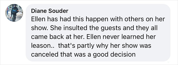 Screenshot of a social media comment criticizing Ellen DeGeneres for rude behavior, sparking C&eacute;line Dion fans' anger.
