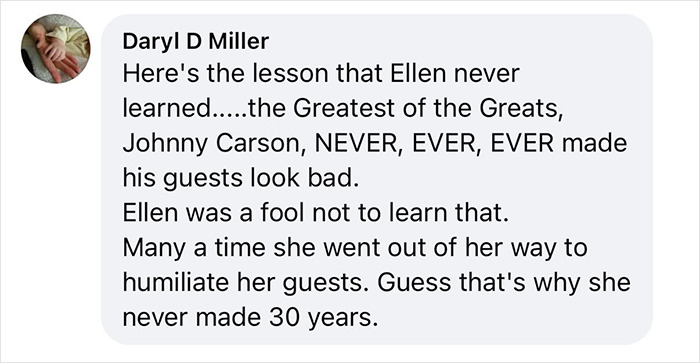 ALT text: Comment criticizing Ellen DeGeneres for being rude to guests, sparking reaction from C&eacute;line Dion fans online.