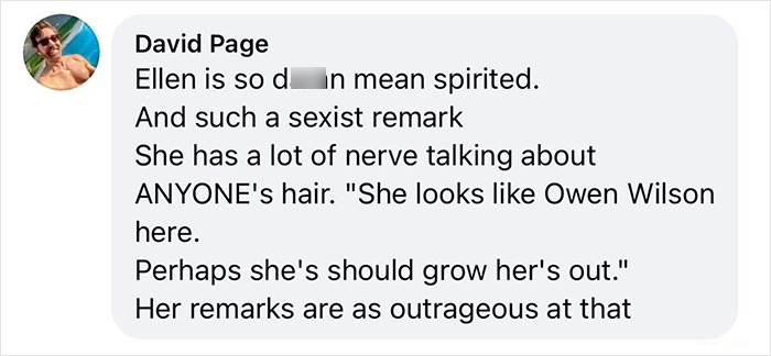 Screenshot of a social media comment criticizing Ellen DeGeneres for rude remarks, sparking outrage among C&eacute;line Dion fans.