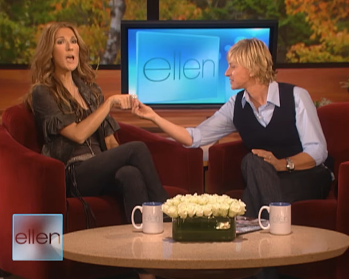 C&eacute;line Dion and Ellen DeGeneres on the Ellen show set, fans reacting to a controversial interview moment.