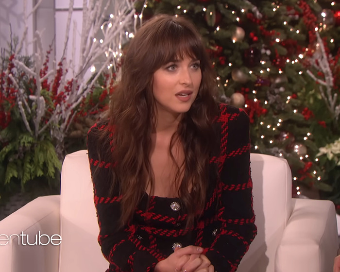 Woman in black and red checkered outfit sitting on white chair with festive Christmas tree in the background discussing Céline Dion fans and Ellen interview. - 9