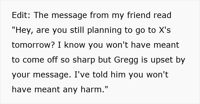 Text message excerpt showing a friend upset as woman refuses to be go-to nanny on couples’ trip causing tension. - 11