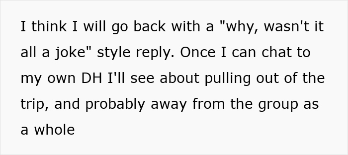 Text excerpt showing a woman refusing to be the go-to nanny on a couples’ trip, causing tension with friends. - 15